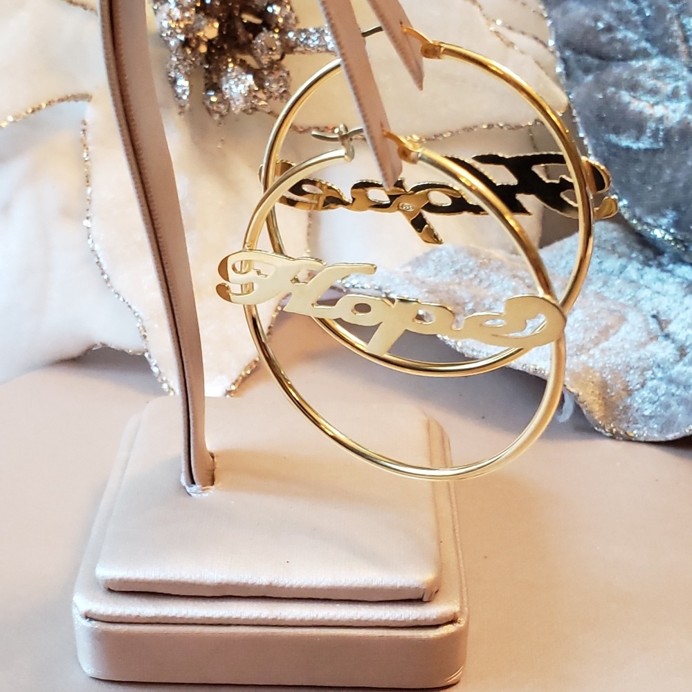 Sterling Silver Gold Tone "Hope" Hoop Earrings - Picture 1 of 7